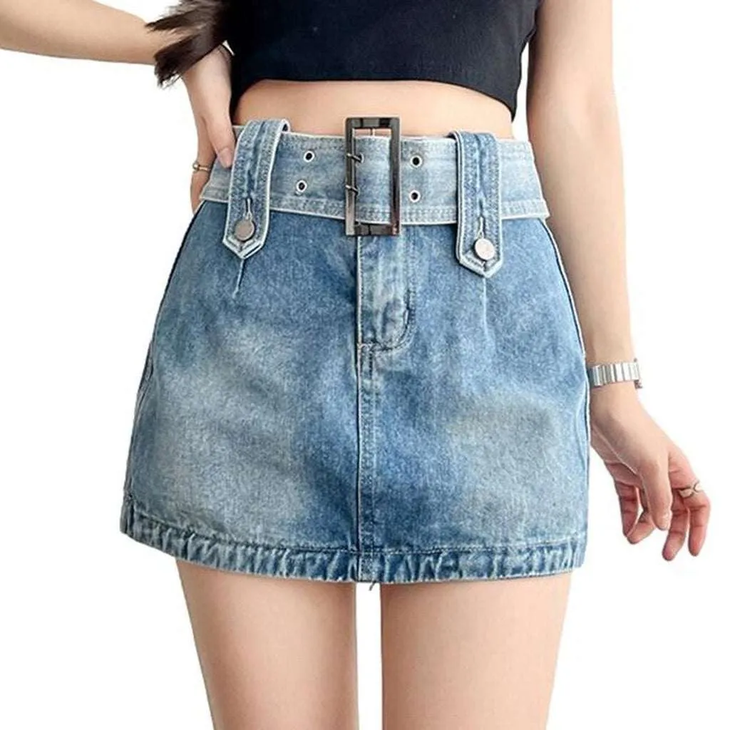 Wide belt mini denim skirt