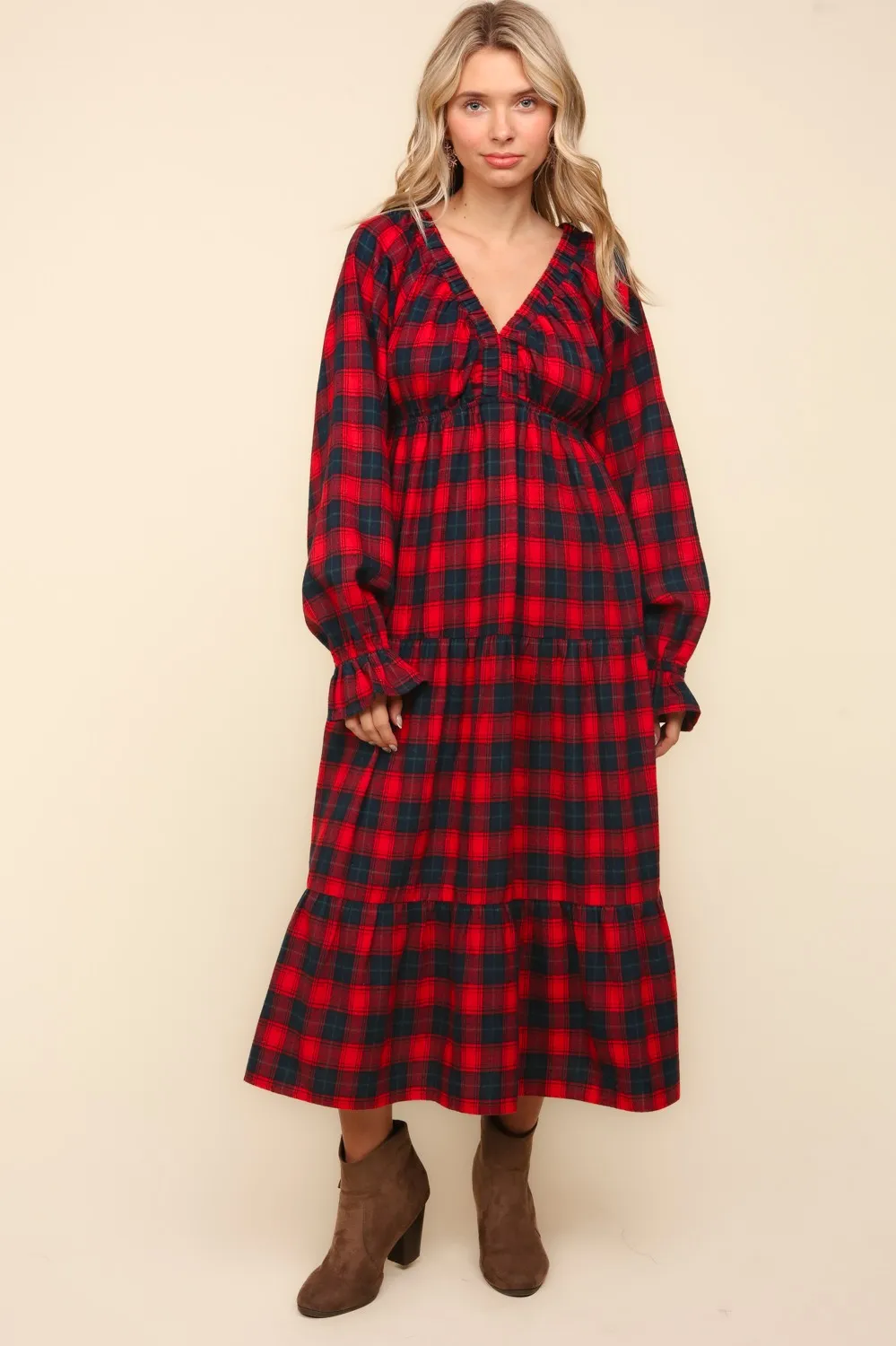 Winter Plaid Long Sleeve Maxi Dress - Red