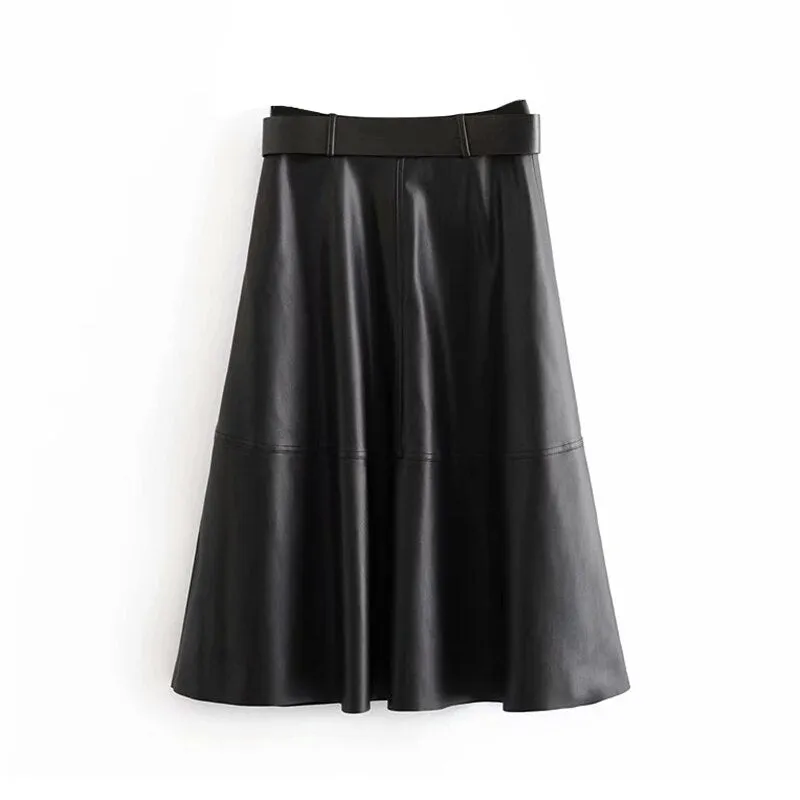 Women Chic PU Faux Leather Skirt With Belt Elegant