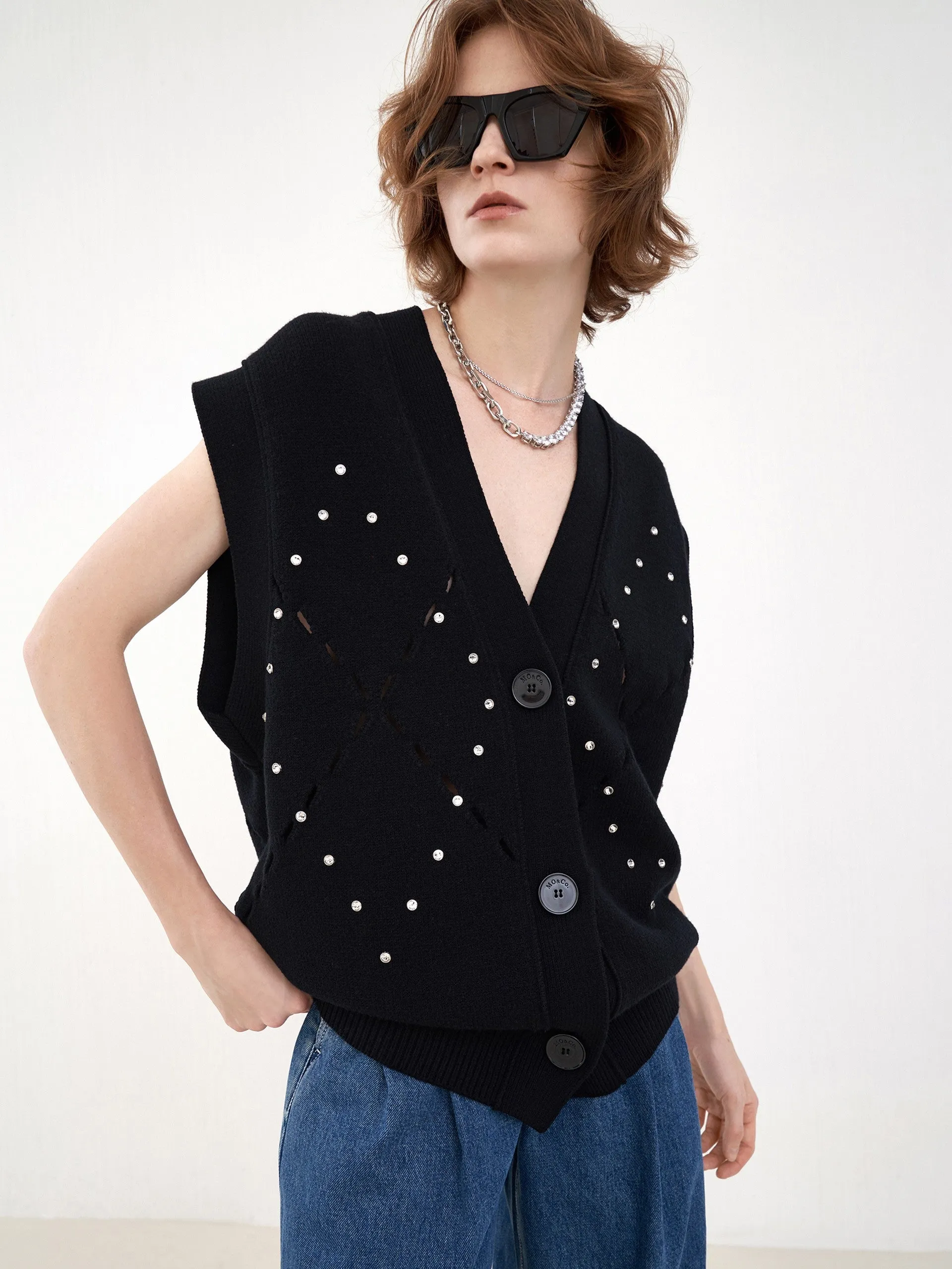 Wool-blend Diamond Cutout Knit Vest Loose Chic V Neck