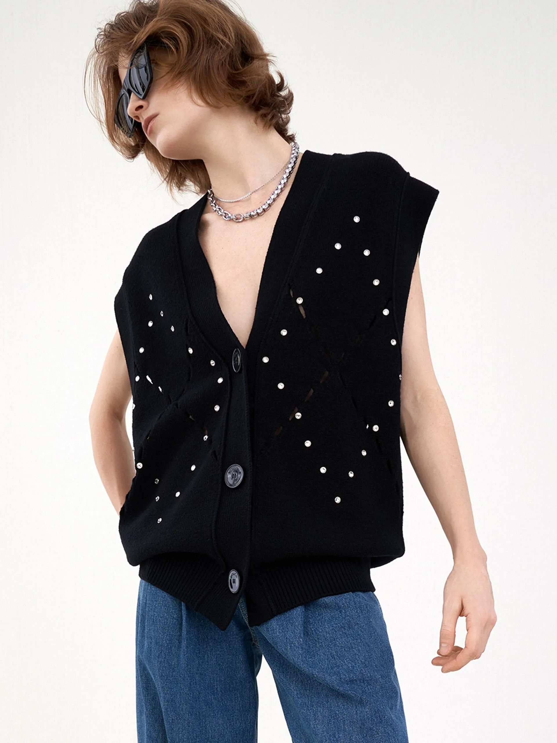 Wool-blend Diamond Cutout Knit Vest Loose Chic V Neck