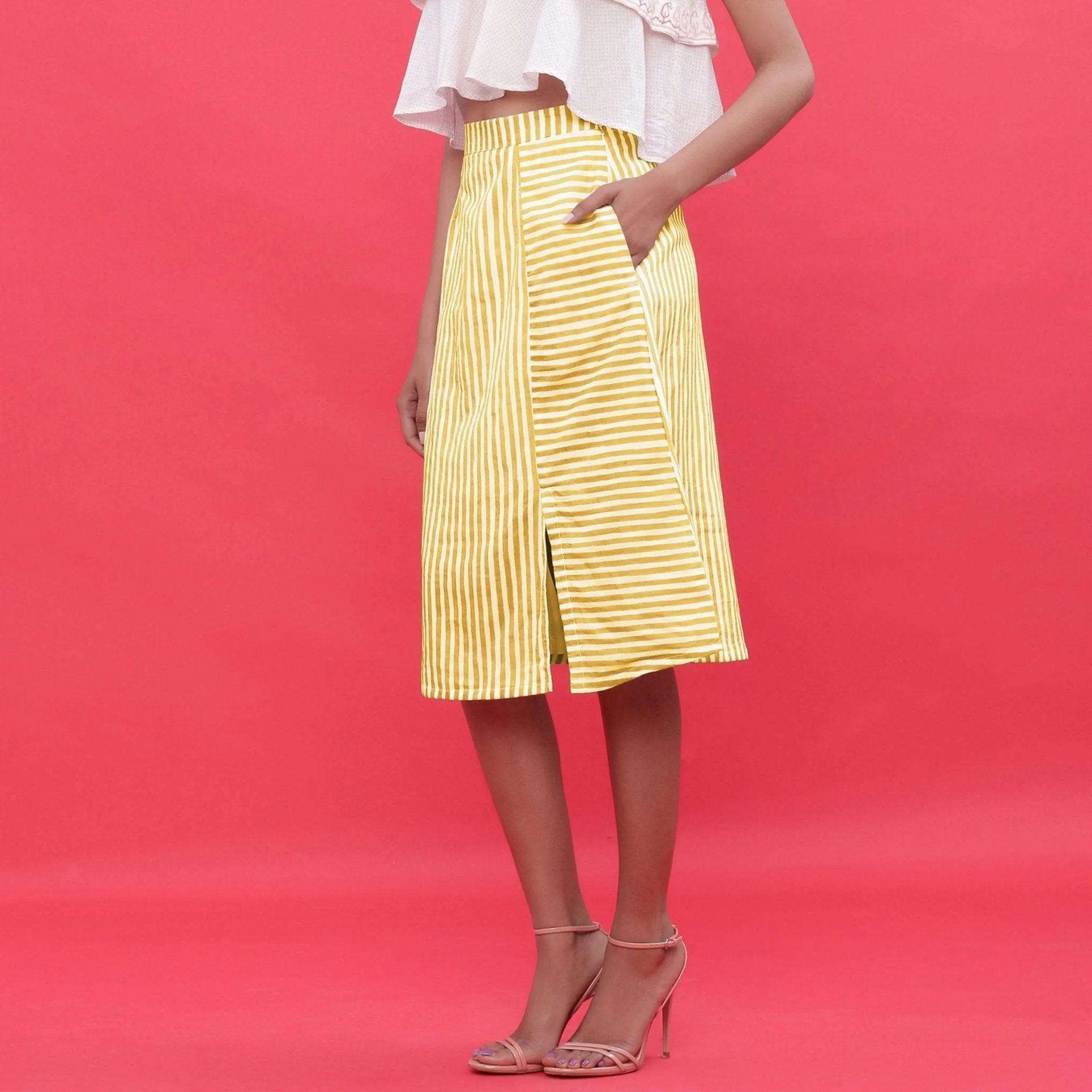 Yellow Hand Screen Printed Cotton Knee Length Skirt