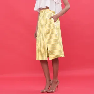 Yellow Hand Screen Printed Cotton Knee Length Skirt