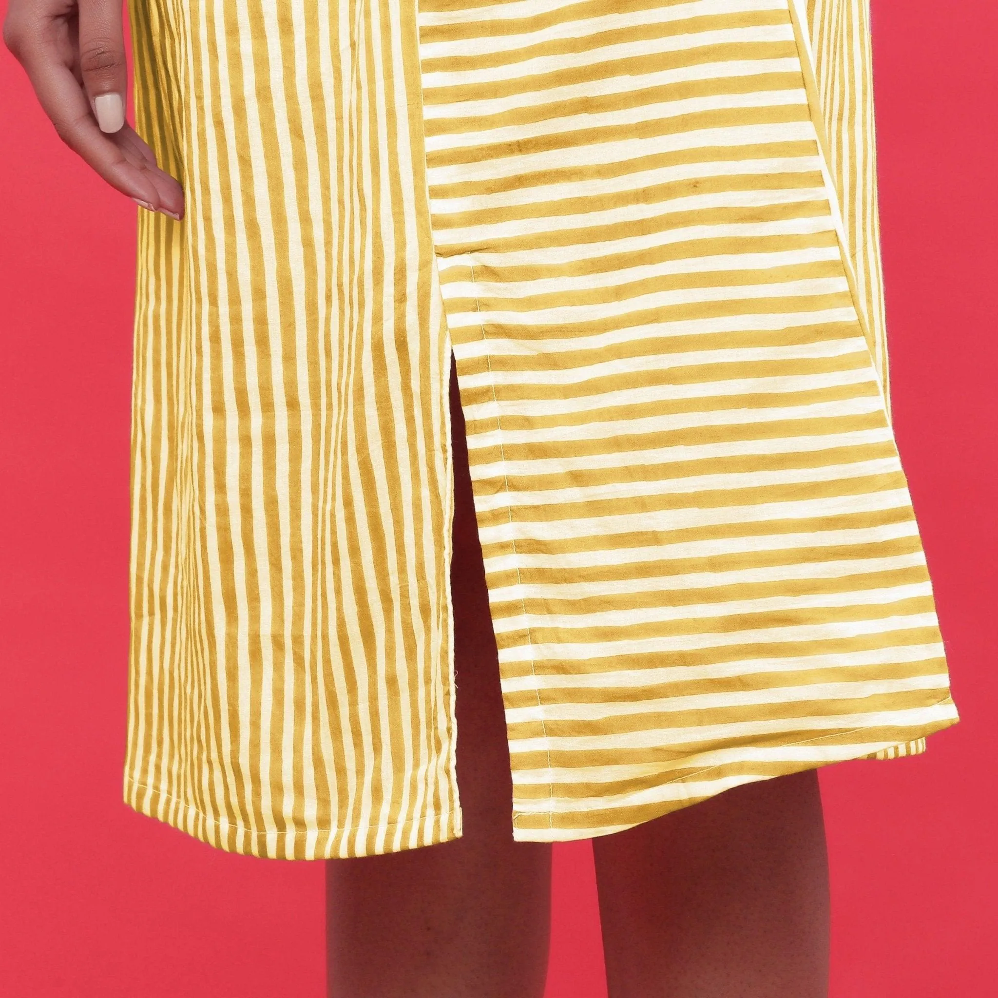 Yellow Hand Screen Printed Cotton Knee Length Skirt