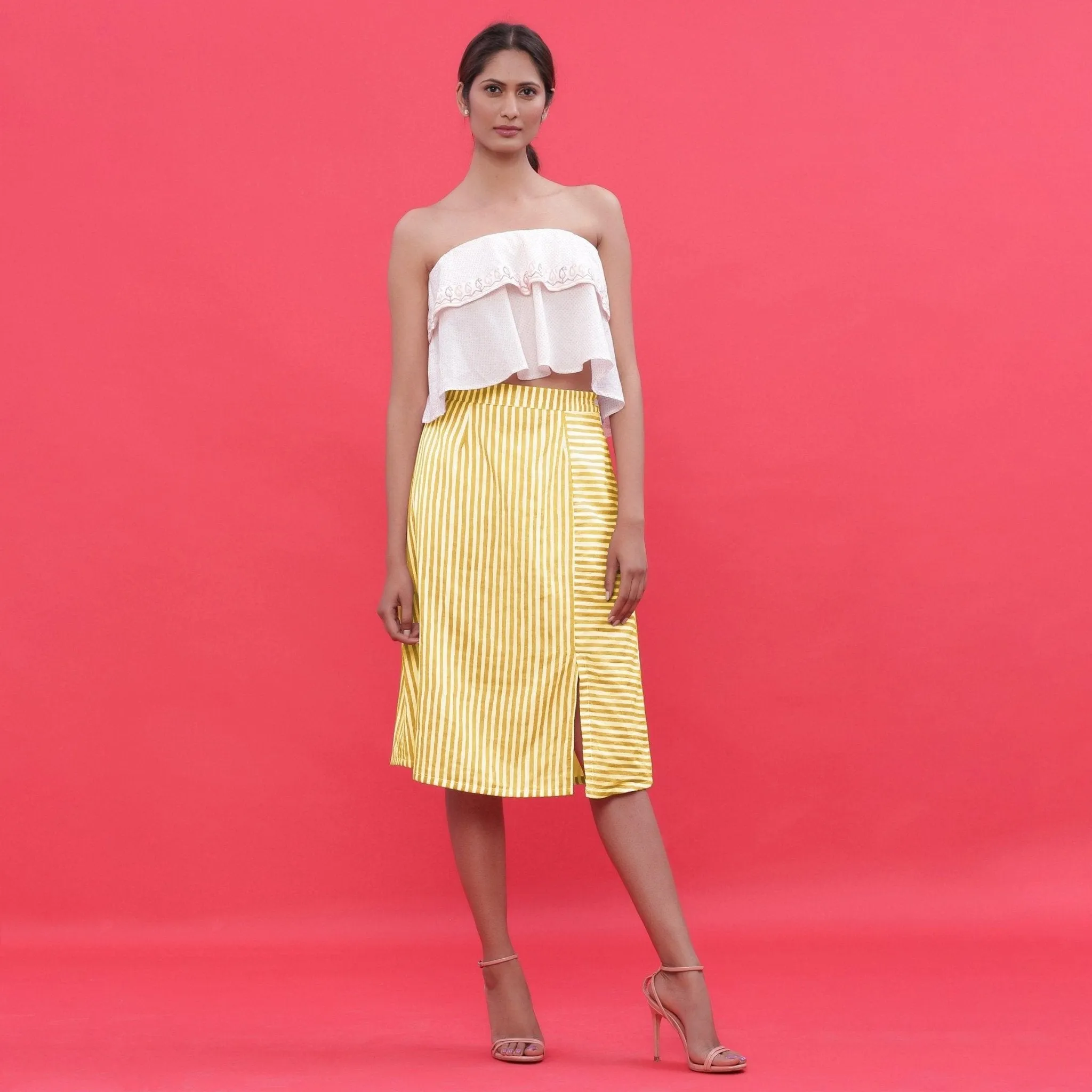 Yellow Hand Screen Printed Cotton Knee Length Skirt