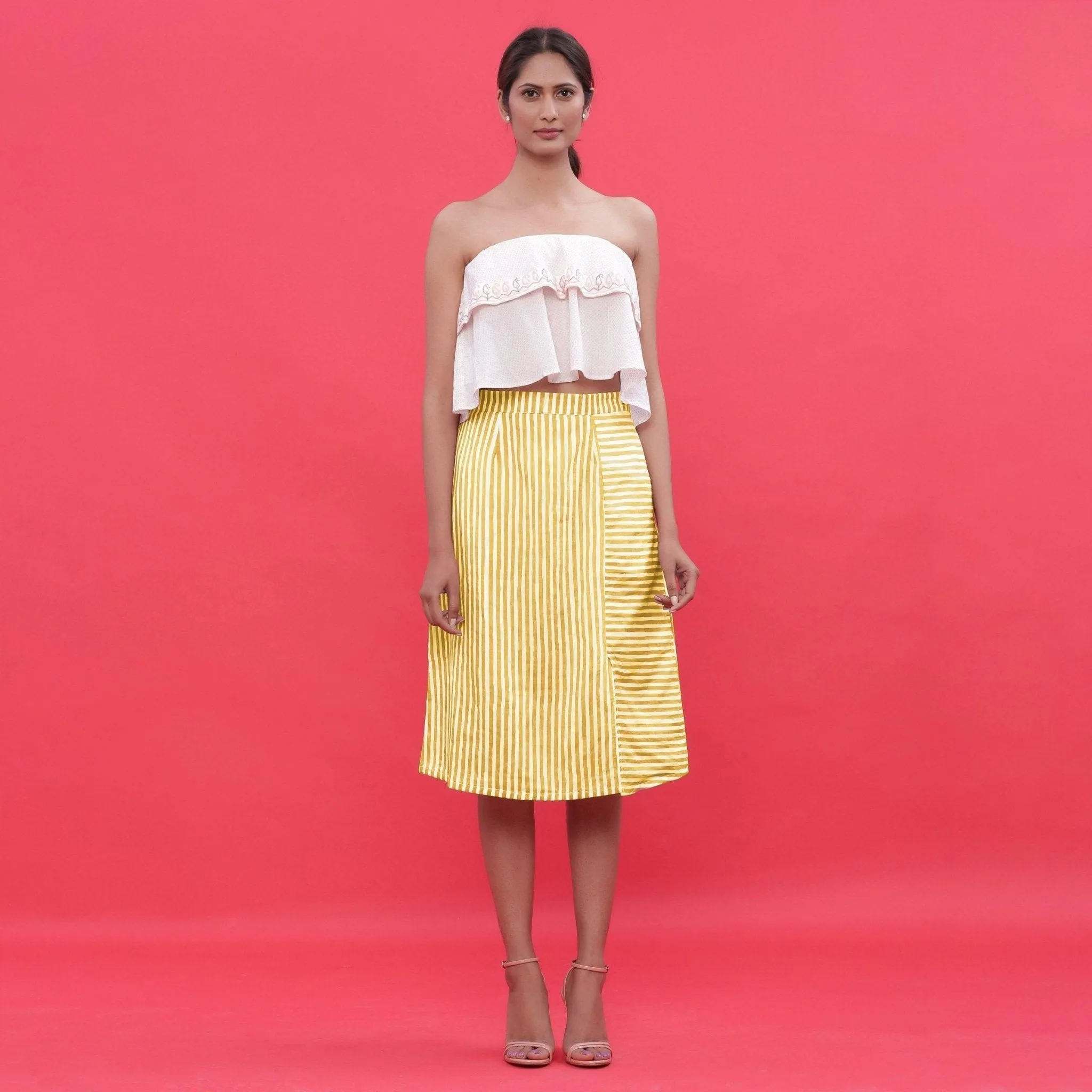 Yellow Hand Screen Printed Cotton Knee Length Skirt