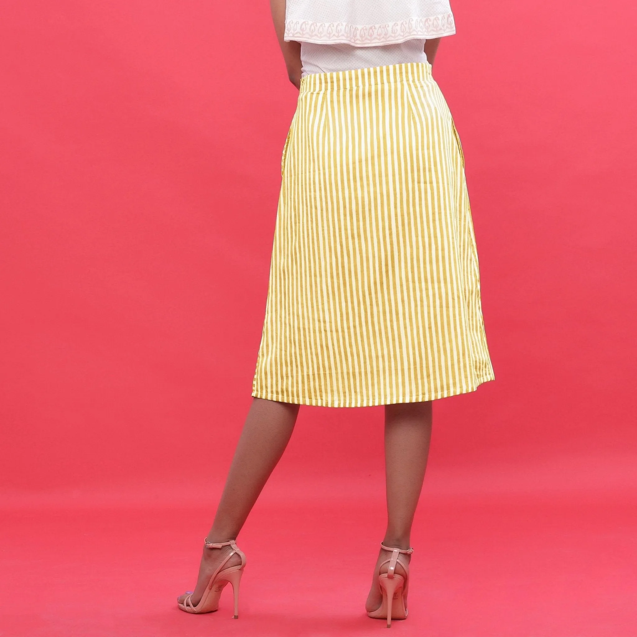 Yellow Hand Screen Printed Cotton Knee Length Skirt