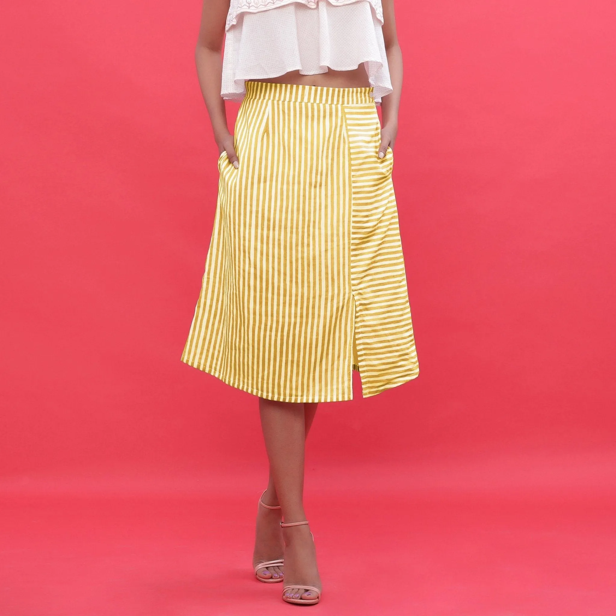 Yellow Hand Screen Printed Cotton Knee Length Skirt