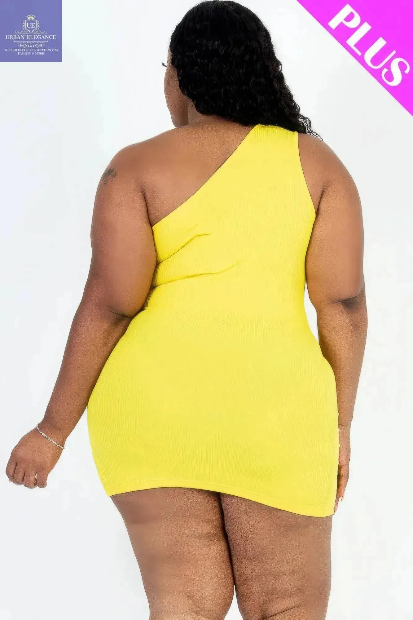 Yellow Ribbed One Shoulder Plus Size Dress