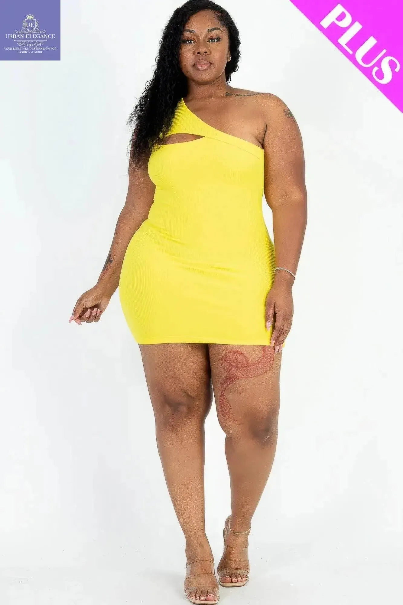 Yellow Ribbed One Shoulder Plus Size Dress